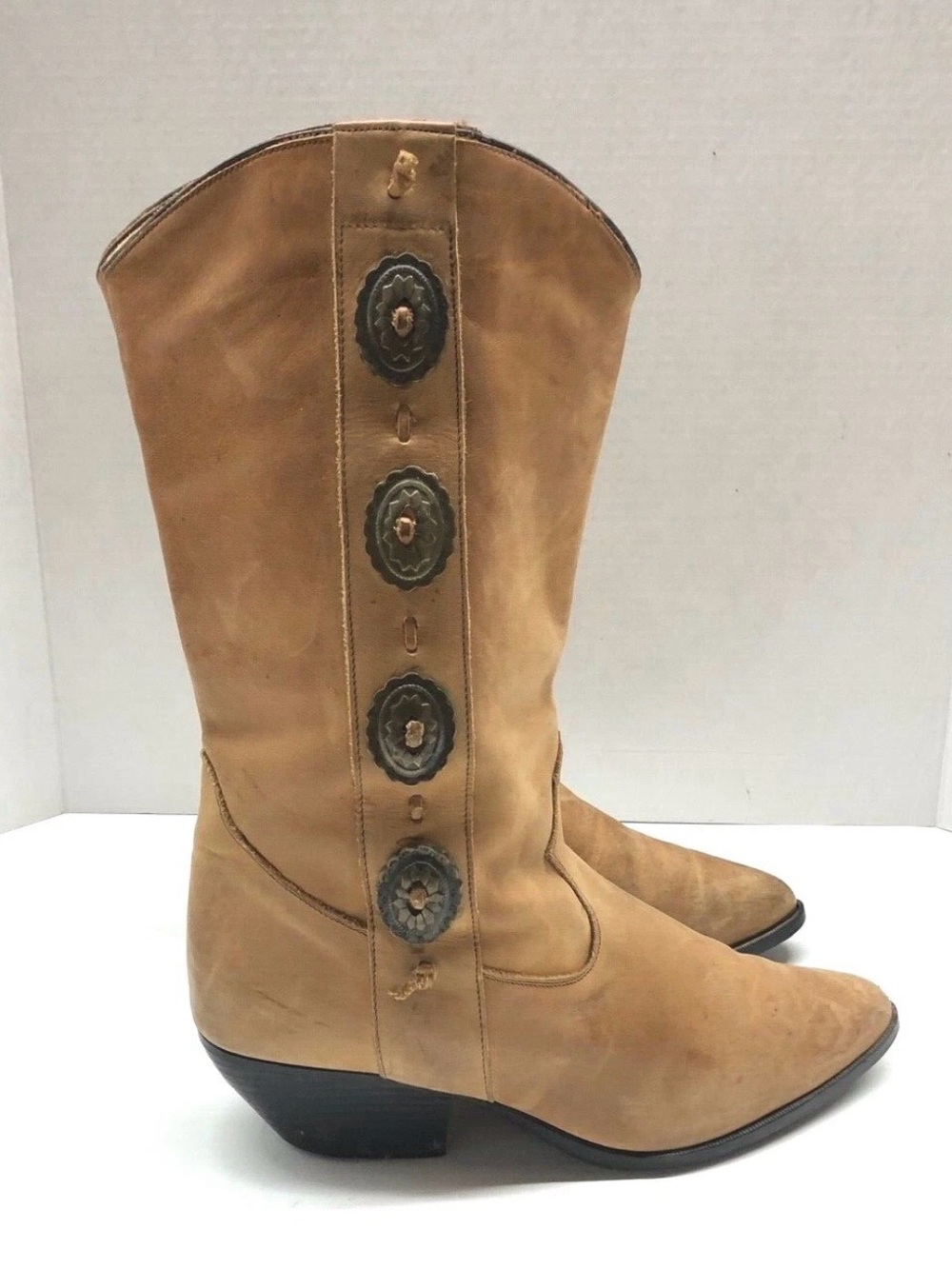 Leather Tan Mid-Calf Western Boots with Decorative Concho Accents